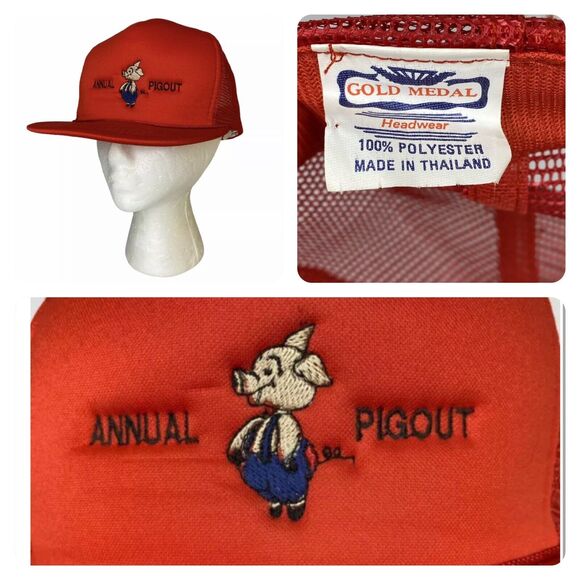 Vtg Annual Pigout Trucker Hat Red Snap Back Gold Medal BBQ Block Party Tailgate - Picture 3 of 12